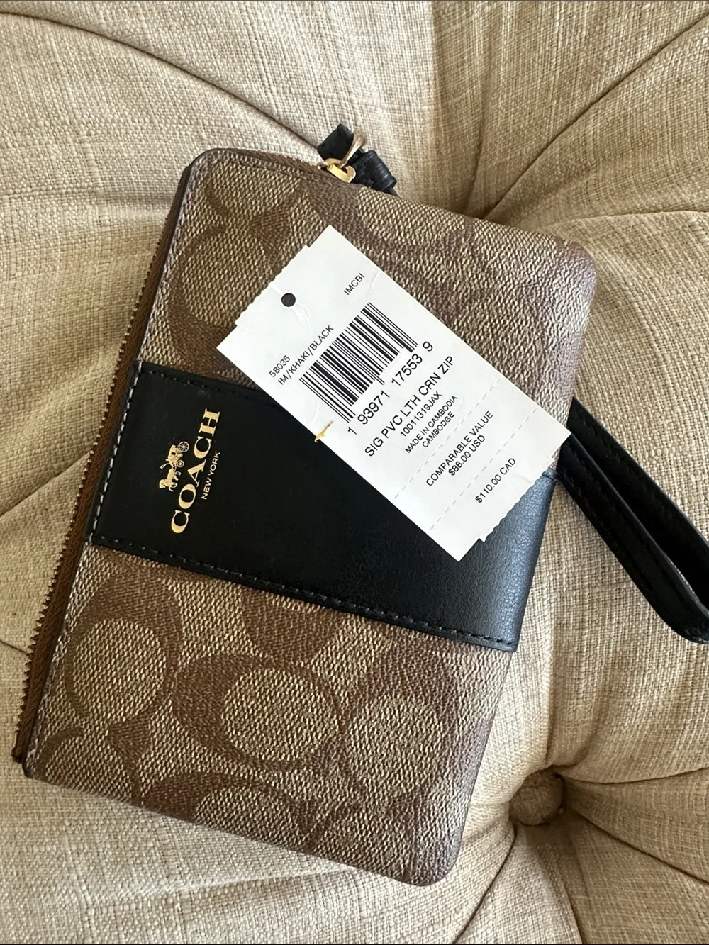 Coach Brown Signature Canvas Wristlet with Black Leather Accent